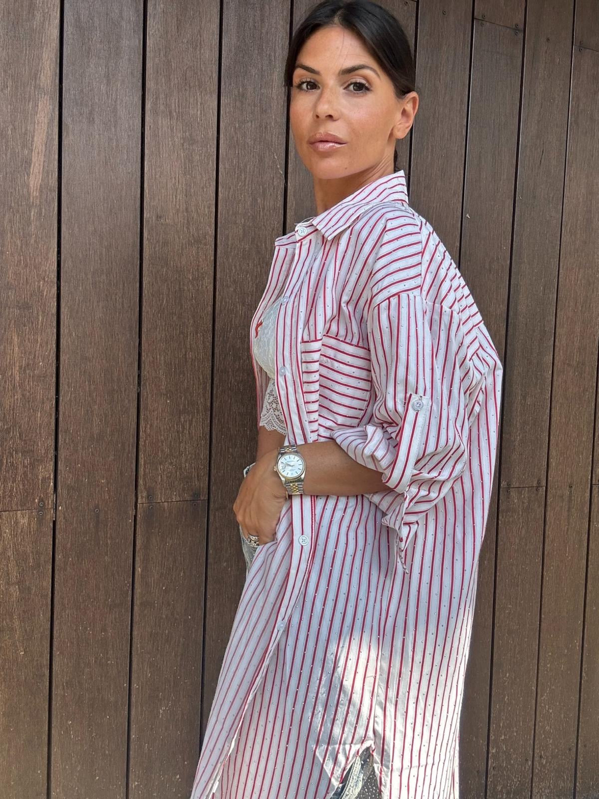 Camicia lunga Olivia in cotone a righe rosse con strass