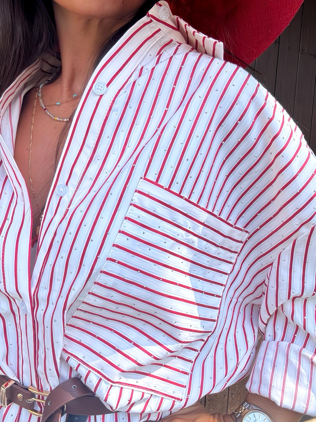 Camicia lunga Olivia in cotone a righe rosse con strass
