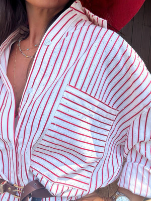 Camicia lunga Olivia in cotone a righe rosse con strass