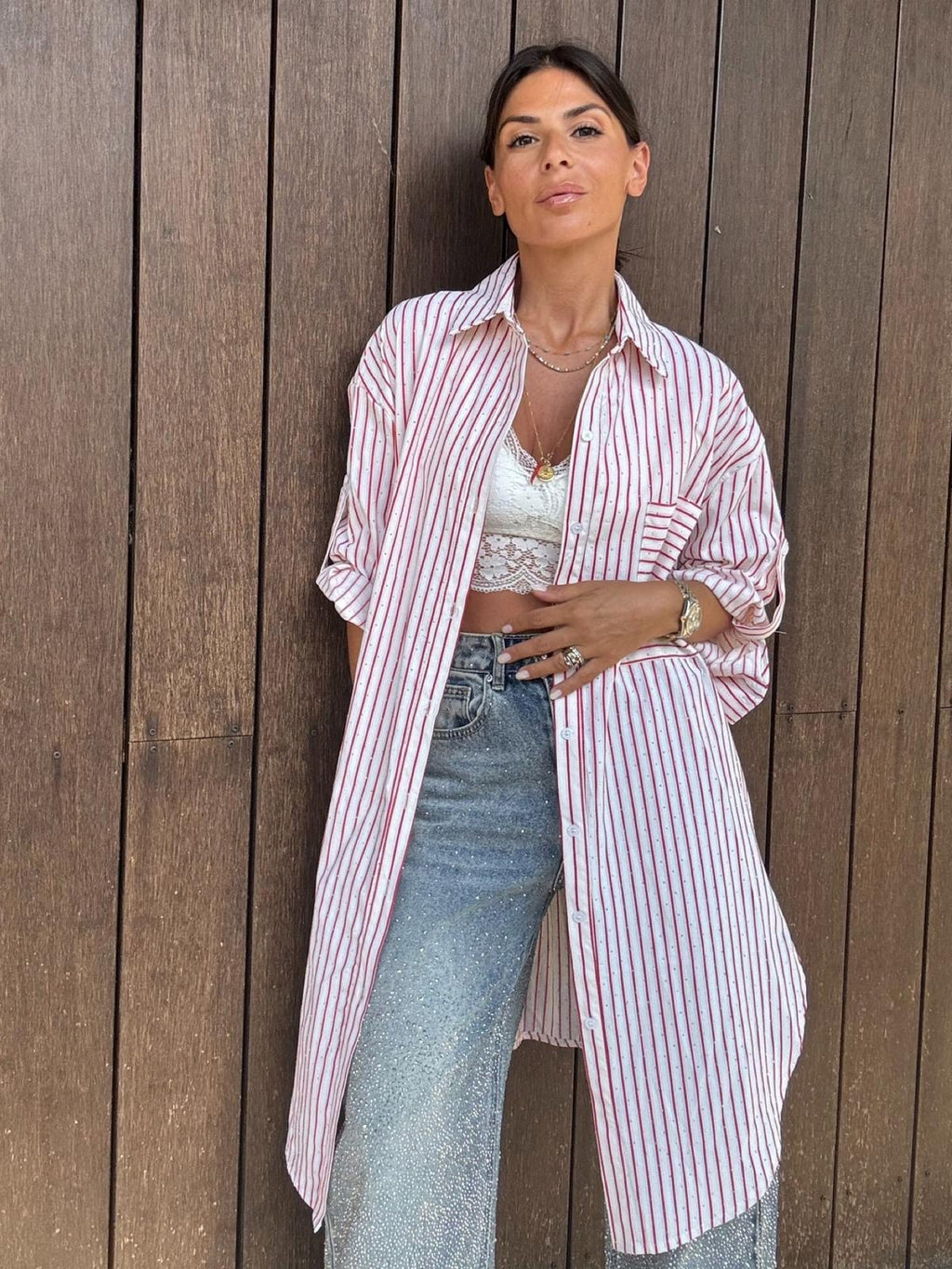 Camicia lunga Olivia in cotone a righe rosse con strass