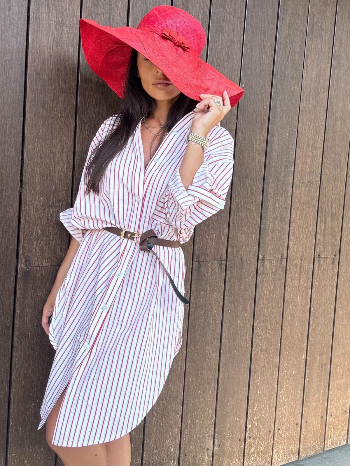 Camicia lunga Olivia in cotone a righe rosse con strass