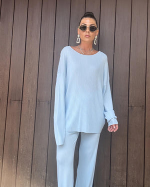 Coordinato Pamela Celeste – Maglia & Pantalone Plissé